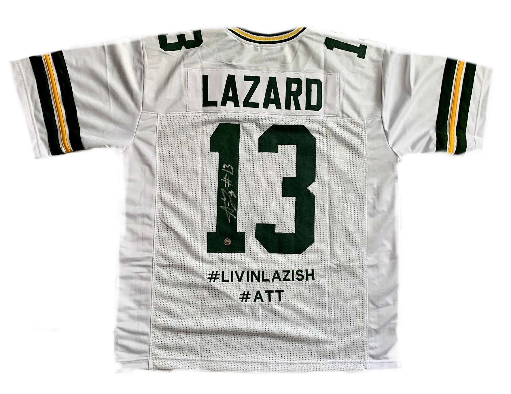 Packers ALLEN LAZARD #ATT #LIVINLAZISH White Autographed Jersey
